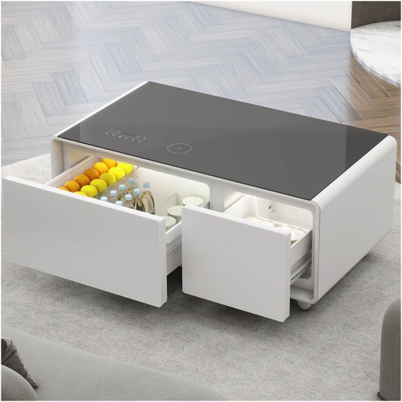 White Modern Smart Coffee Table with Fridge, Wireless Charging, Bluetooth Speaker, Touch Panel, USB Ports, RGB Light