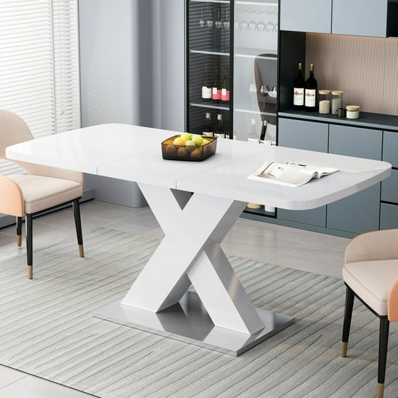 White Modern Square Dining Table, Stretchable Top With Metal Base, Easy To Assemble And Maintain Concept, Steel Stretchable, Assembly