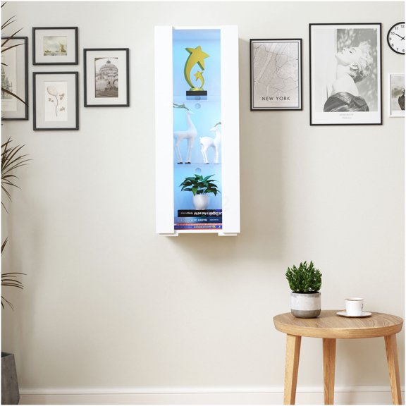 White Modern Storage Cabinet with LED Strip Light & Glass Shelves, Wall Mounted or Free Standing Display Organizer for Living Room, Bedroom, Office