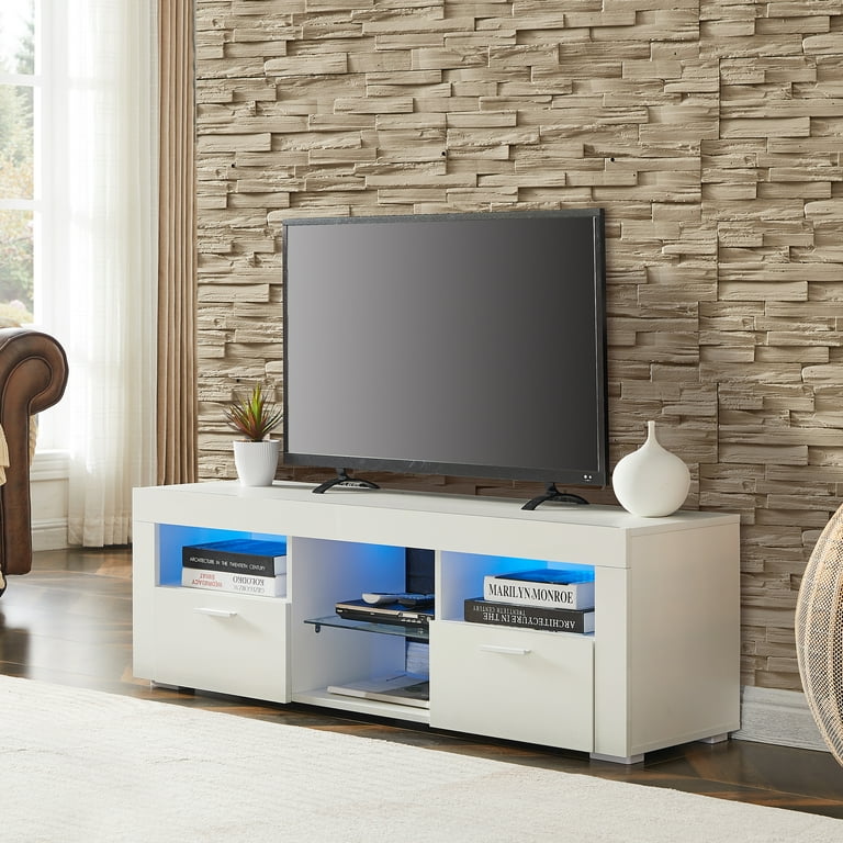 White Modern TV Stand High Gloss Sideboard Buffet Locker LED Lights Entertainment Center for Hallway Living Room Bedroom