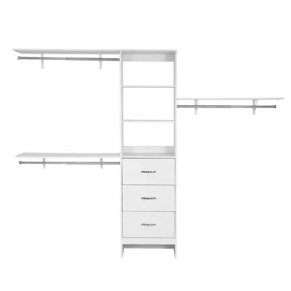 White Modern Walk in Wardrobe Organizer Freestanding Closet System with 3 Drawers and 3 Adjustable Height Retractable Clothes Hanger Rods