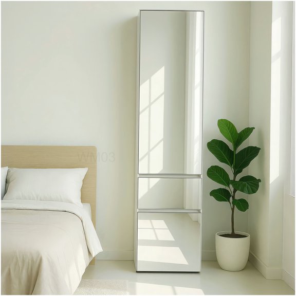 White Modern Wood Closet Organizer with Mirror, Modular Cabinet Wardrobe with Hanging Rod & Shelves