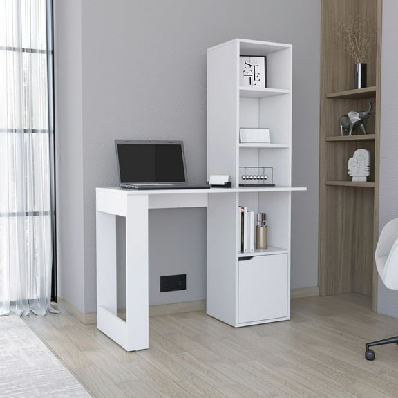 White Modern Work Desk With 4 Bookcase And Concealed Storage Cabinet Home Office Computer Hidden Drawer