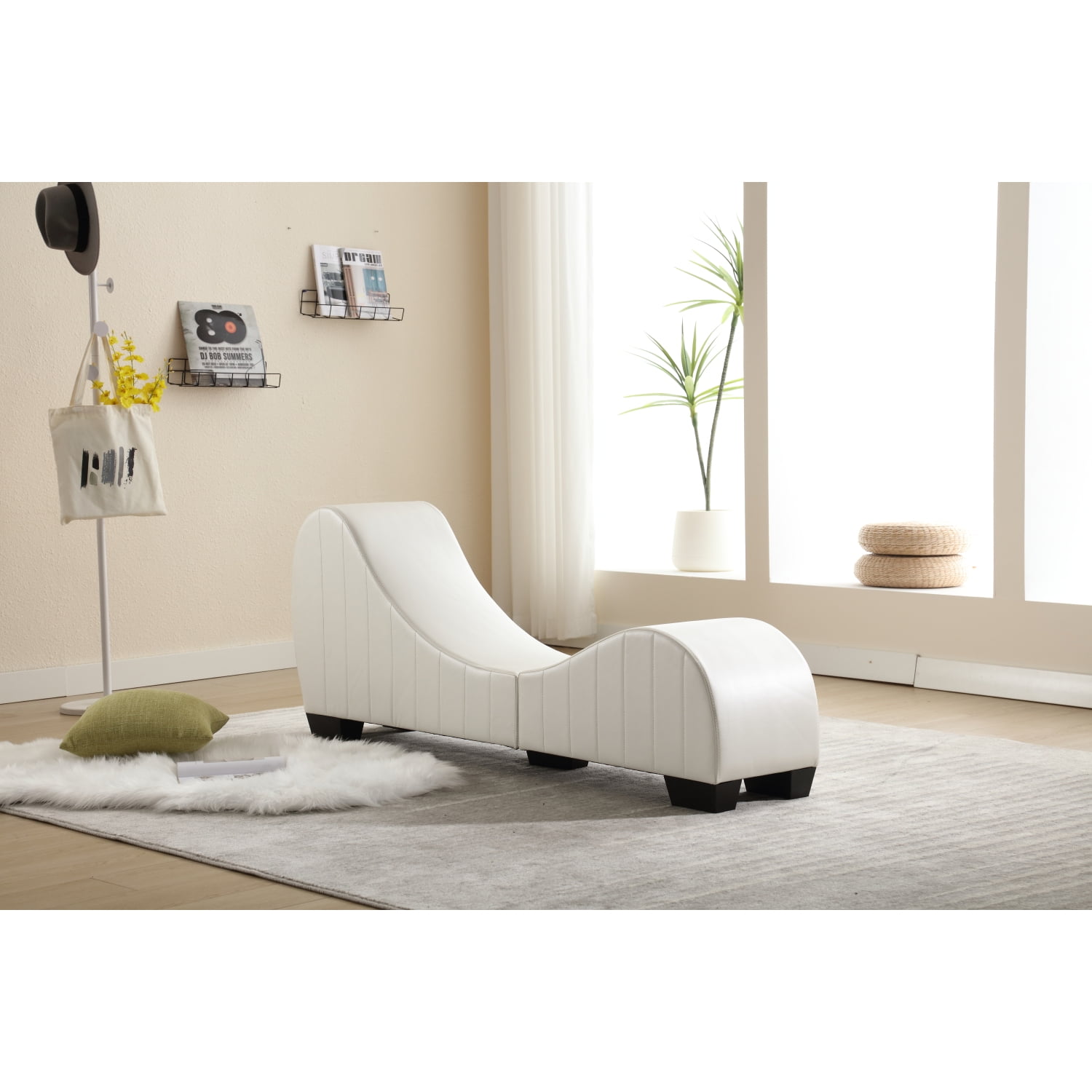 White Modern Yoga Chaise Lounge Faux Leather Curved Sofa For Stretching And Relaxation Durable 7661