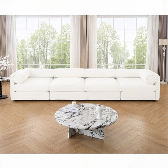 White Modular Sectional Sofa - Features Cylindrical Backrest & Armrests, Storage, Deep Comfort for Living Room (4 Seat L-Shaped)