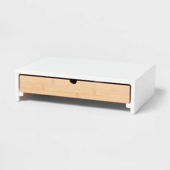 White Monitor Stand with Drawer - Desk Organizer, Office Supplies, Bamboo & Steel, Monitor Riser