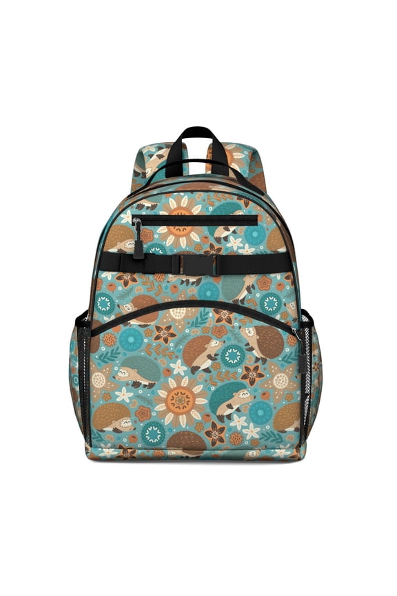 Cute Green Hedgehog Pattern with Pioneer Flower Backpack for School,Cute School Bag,Schoolbag with Adjustable Shoulder Straps & Padded Back,15.25"x11.5"x5.25"