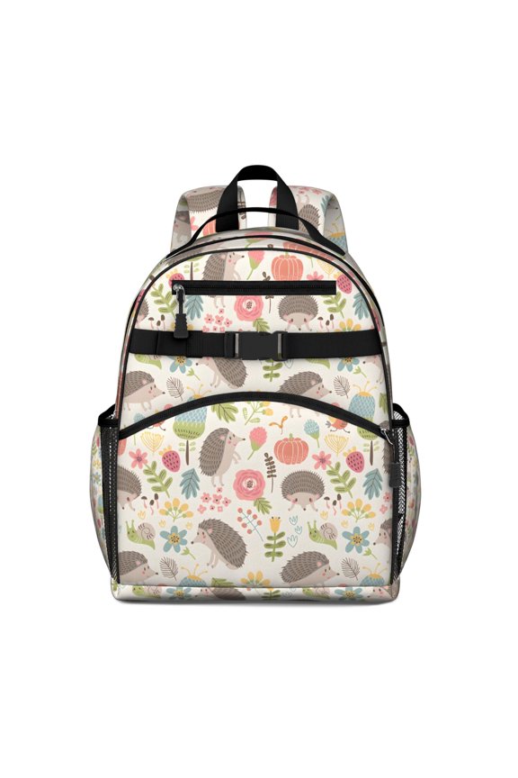 Cute Hedgehog Pattern with Pioneer Flower Backpack for School,Cute School Bag,Schoolbag with Adjustable Shoulder Straps & Padded Back,15.25"x11.5"x5.25"