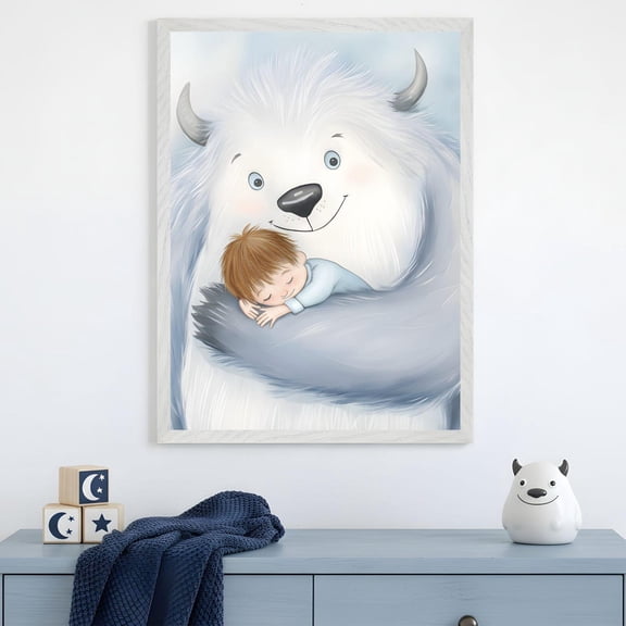 White Monster Hugging Whimsical Yeti Cute Creature Soft Blue Wall Decor Unframed Paper Print