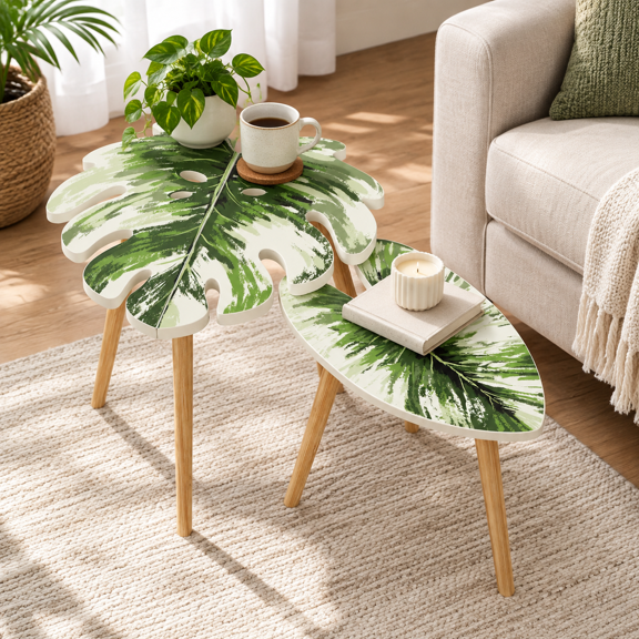 White Monstera Leaf Nesting Coffee Table Set of 2, Modern Wooden Side Tables for Living Space