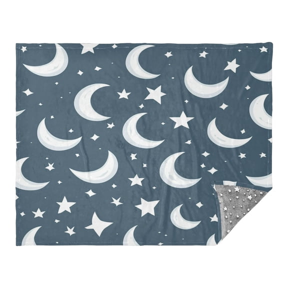 White Moon and Stars 70x55in Flannel Throw Blanket, Double Sided, Soft and Cozy, Glow in the Dark