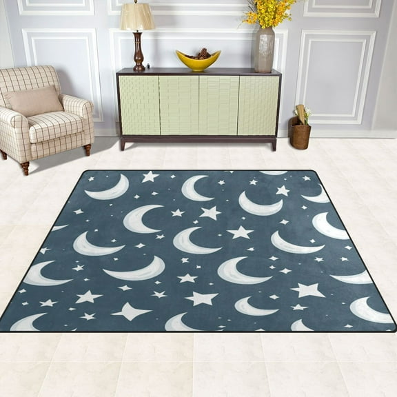 White Moon and Stars 80''x58'' Extra Large Plush Memory Foam Rug, Soft, Absorbent, Non Slip
