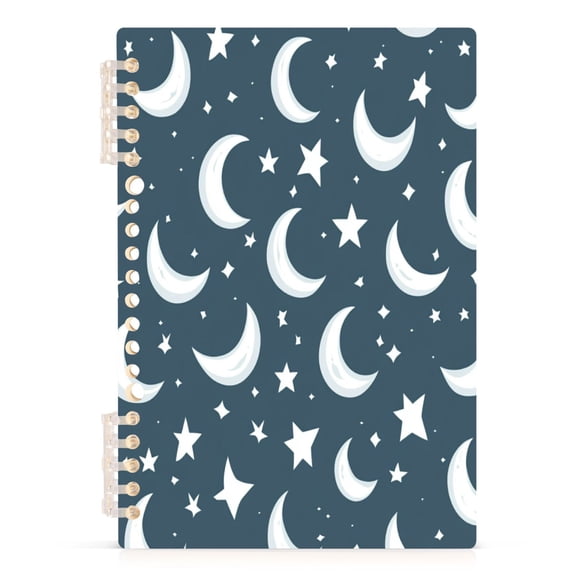 White Moon and Stars A5 8.3x5.7in PP Notebook, Adjustable Rings, 60 Sheets, Diary or Journey Note