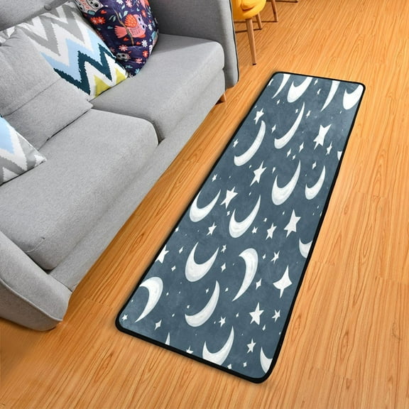 White Moon and Stars 72x24" Runner Rug, Non-Slip Memory Foam Cushion, Anti-Crease for Hallways and Bedrooms