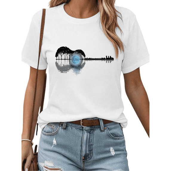 White Moonlit Lake & Silhouette Graphic T-Shirt Casual Soft Loose Shirts Night Nature Themed Daily Outfit Oversized Tops S-5XL