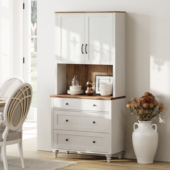 White Morden Bookcase with Wood Doors, Bookshelf with 3 Drawers, Farmhouse Library Wooden Bookshelves for Living Room, Office, Study Room