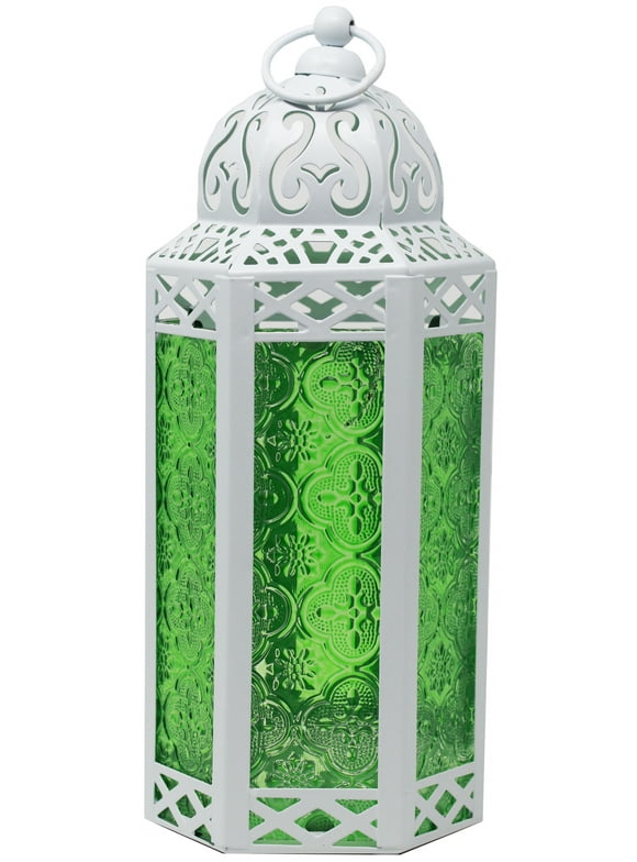 White Moroccan Decorative Candle Lantern Holder for Decor, Green Glass, Medium