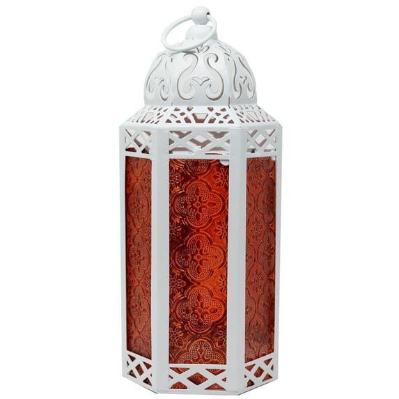 10.5" Medium Moroccan Lantern Candle Holder – White with Red Glass, Metal Decorative Lamp for Indoor/Outdoor Patio or Porch Use, Home Decor, Ramadan, Weddings