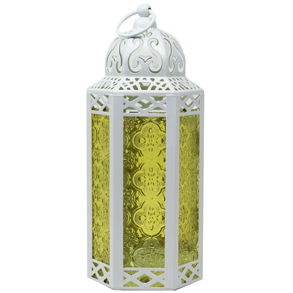 10.5" Medium Moroccan Lantern Candle Holder – White with Yellow Glass, Metal Decorative Lamp for Indoor/Outdoor Patio or Porch Use, Home Decor, Ramadan, Weddings