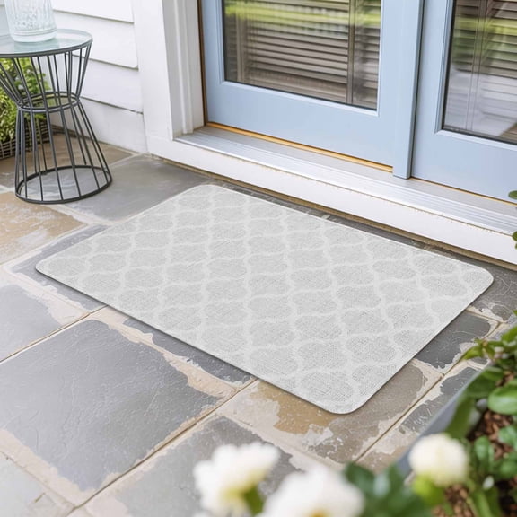 White Moroccan Door Mat Indoor Outdoor, Boho Morocco Geometric Quatrefoil Grid Non Slip Welcome Mat with Rubber Backing, Absorbent Fabric Front Door Mats Entryway Rug for Home Patio Entrance 16"x24"