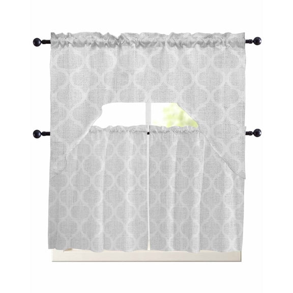 White Moroccan Kitchen Curtains Sets for Windows 3 Piece, Boho Morocco Geometric Quatrefoil Grid Kitchen Curtains and Valances Tier Set 24 Inch Length Swag Curtain for Living Room Cafe Bathroom