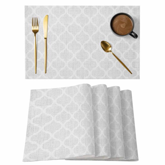 White Moroccan Placemats Set of 8, Boho Morocco Geometric Quatrefoil Grid Placemats for Dining Table, Place Mats for Kitchen Tabletop, Waterproof Wipeable Dining Table Mats Set