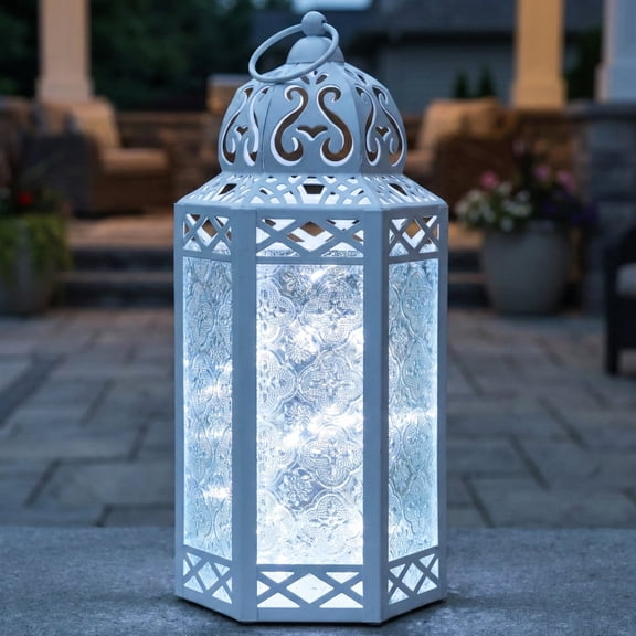 Moroccan Metal Candle Lantern Holder with LED Fairy String Lights, Large, White