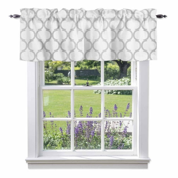White Morocco Kitchen Curtain Valances for Windows Farmhouse Short Curtains, Silver Modern Moroccan Geometric Abstract Art Rod Pocket Valance Curtain for Bedroom Cafe Living Room 42"x18"