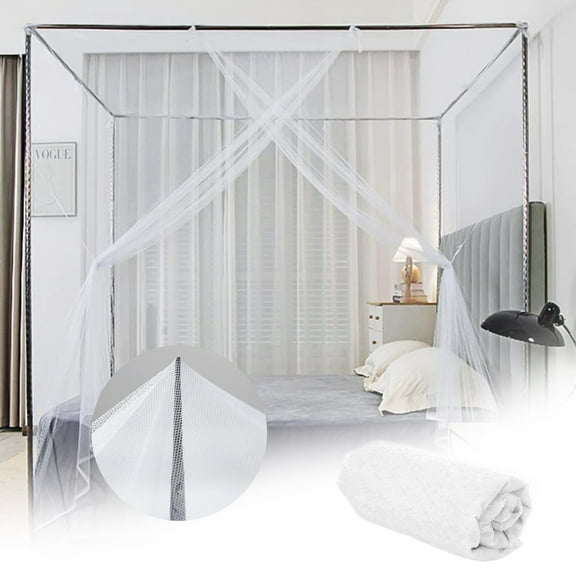 White Mosquito Net Tent for Bed, 4 Corner Canopy Bed Curtains, Single Bed One Side Opening Canopy Netting Curtain Net for Bedroom Home Travel