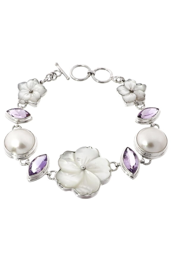 White Mother Of Pearl Shell Flower Mabe Cultured Pearl 925 Sterling Silver Toggle Bracelet, 7" - 7  1/2"