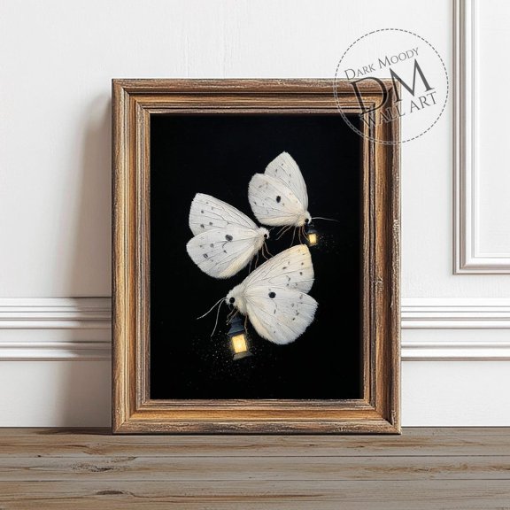 White Moths Lanterns Wall Art Print, Surreal Fantasy Insect Decor