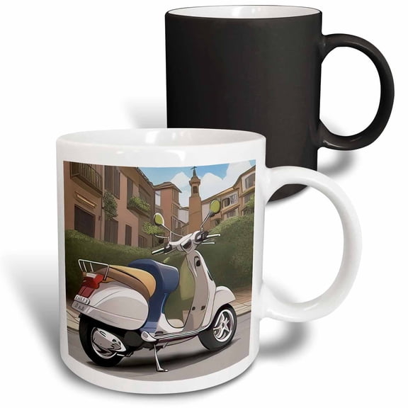 3drose, White Motor Scooter Stands on the Small Town Square on a Summer Day, 11oz Magic Transforming Mug