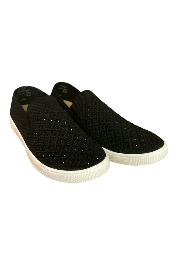 Ladies Slip Resistant Knit Stretch Bling Sneaker (Black, 7)