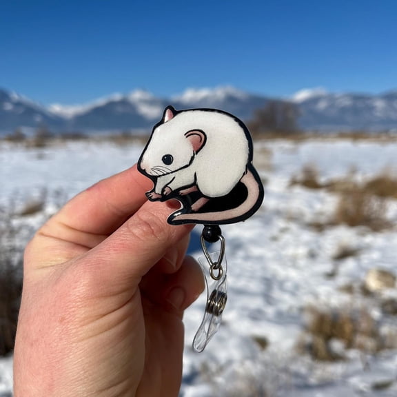 White Mouse Badge Reel ID holder: Gift for Nurses, animal lovers, vet techs, Teacher cute acrylic animal badge buddy
