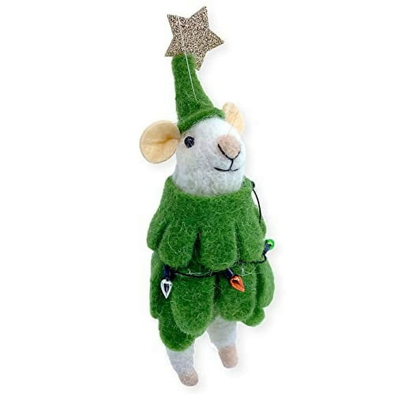 White Mouse Christmas Tree Ornament - Wool Mouse Dressed as Tree Ornament