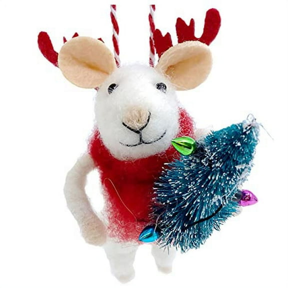 White Mouse Christmas Tree Ornament - Wool Mouse Holding Bottle Brush Tree