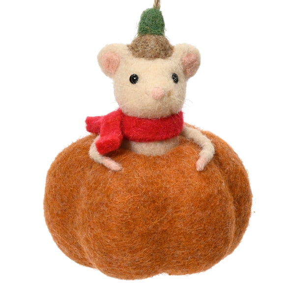 White Mouse Inside Pumpkin Ornament - Large Holiday Autumn Fall Decoration