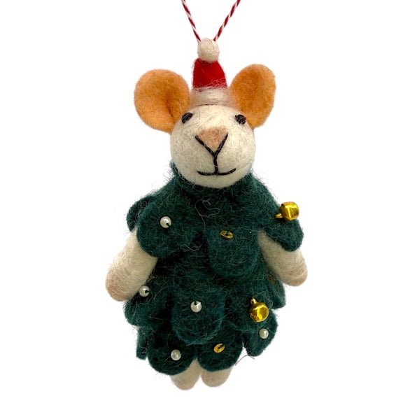White Mouse Ornament Dressed as Christmas Tree Felted Wool Holiday Decoration