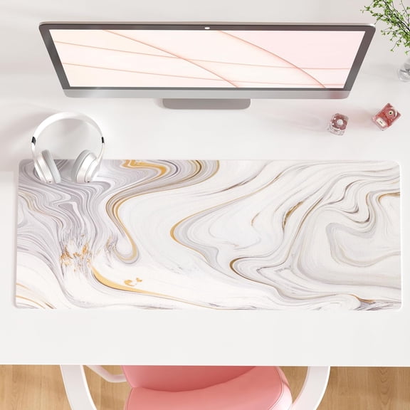 White Mouse Pad, Cute Marble Large Desk Mat, PU Leather Desk Protector Mousepad, Gold Grey Striped Waterproof Computer Keyboard Gaming Mouse Pads, Non Slip Extended Writing Pad 31.5" x 11.8"