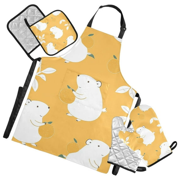 White Mouses Oranges Leaves Apron Set with Oven Mitts Pot Holders Set of 5 Kitchen Stuff Accessories
