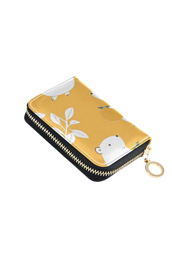 White Mouses Oranges Leaves Women's Credit Card Holder PU Leather Zipper Wallet RFID Blocking