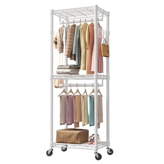 White Movable Metal Wall Mounted Clothes Hanger with Wheels, Adjustable Garment Organizer with 2 Side Hooks and 2 Hanging Rods for Home Storage
