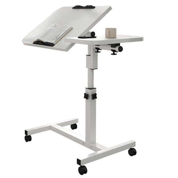White Movable Overbed Table with Wheels 236-374in Adjustable Height Overbed Table Rolling Tray Table Medical Bedside Desk with 0-90 Degrees Tilting Surface for Home Office Customizable Ergonomic