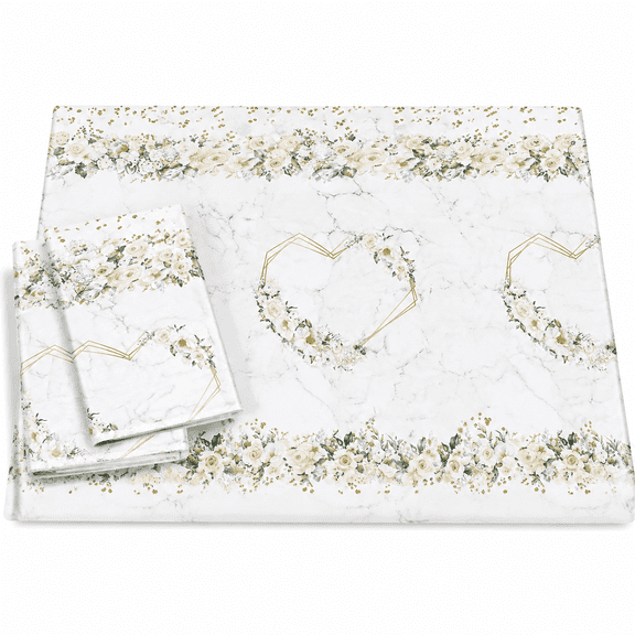White Mr & Mrs Plastic Tablecloth, Table Cover | Floral Wedding Disposable Table Cloth, Hearts Geometric Bridal Shower Table cloth, Bride to Be Engagement Party Decorations