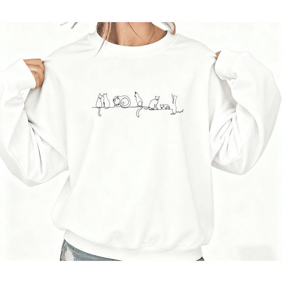 White Multi Cat One Line Art Graphic Sweatshirt Print Sweatshirt S-3XL Tops