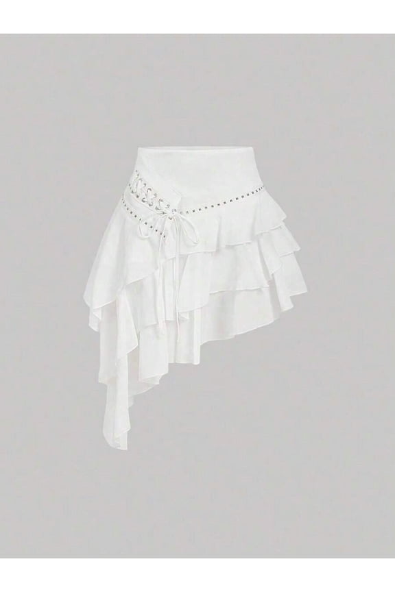 White Multi-Layer Ruffle Asymmetrical Hem Skirt, Bohemian Casual