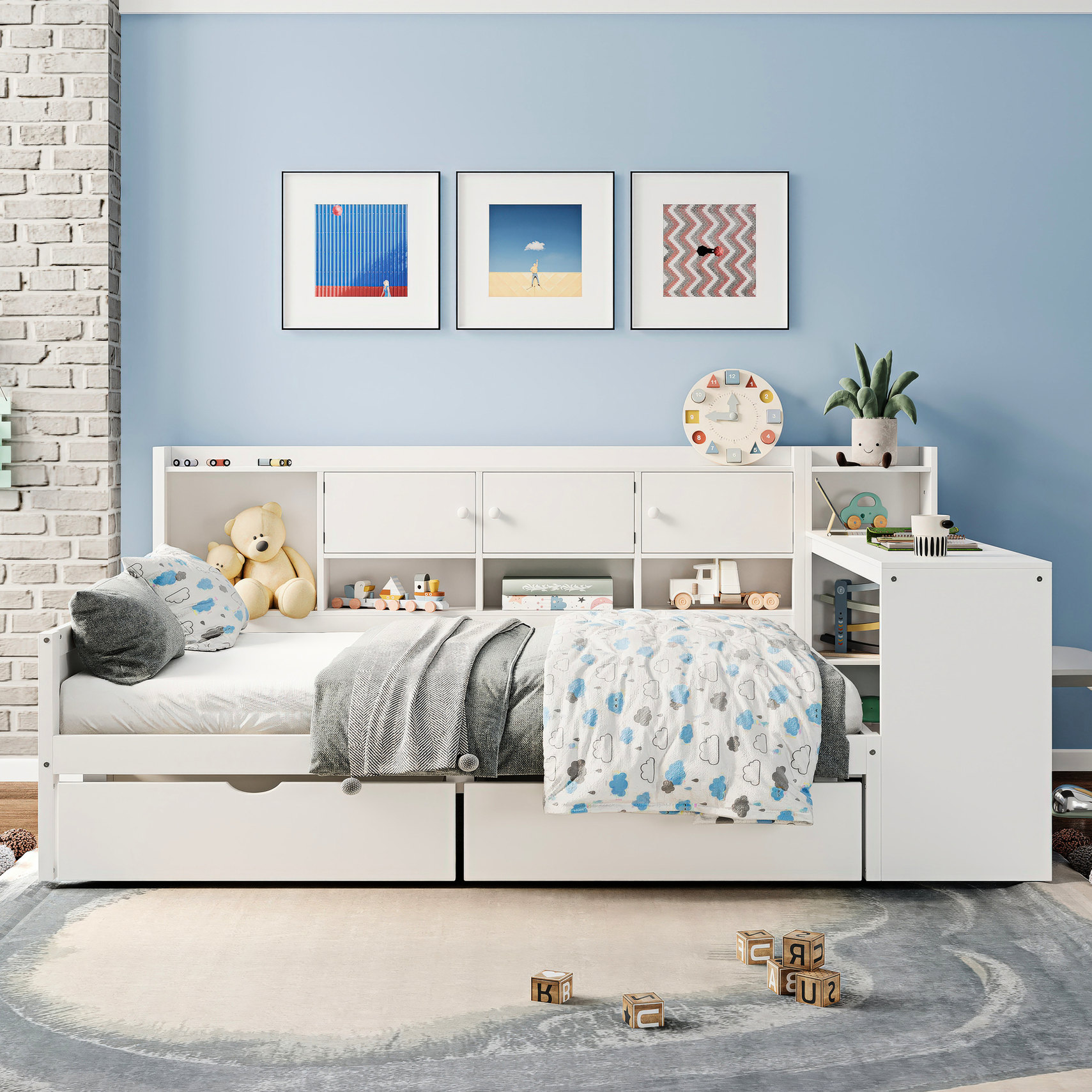 White Multi-functional Bed with Storage and Study Desk / Suitable for ...