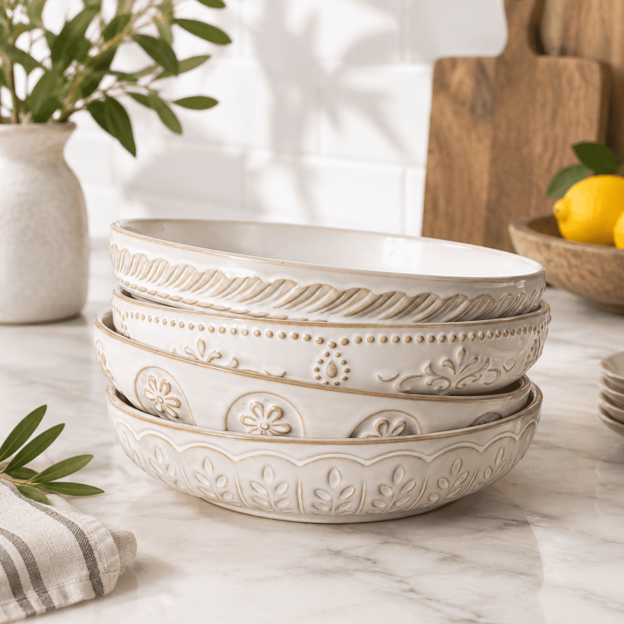 White (Multiple Patterns) 50oz Large Ceramic Serving Bowl Set of 4, 9. ...