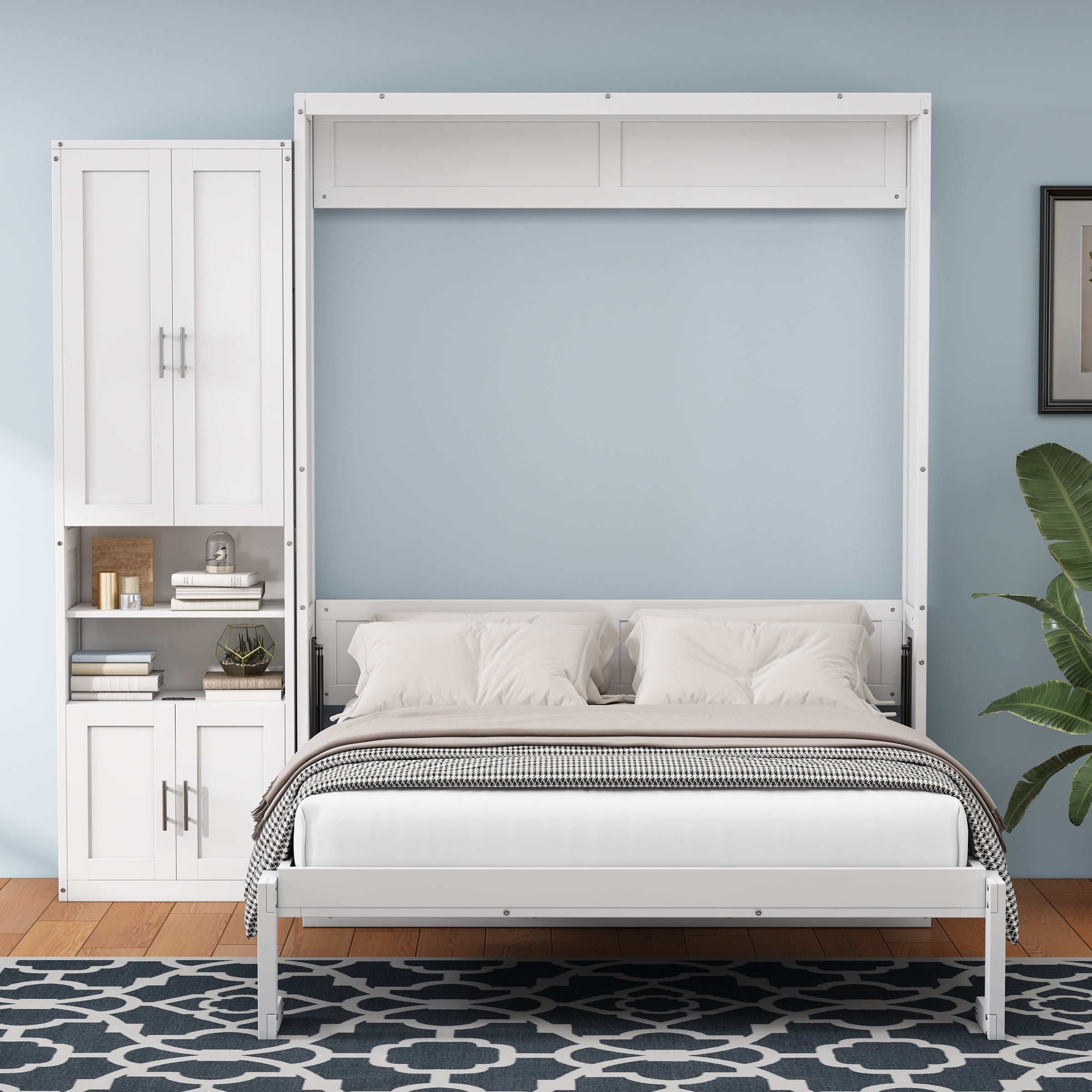 White Murphy Bed with Desk Combo, Full Size Wall Bed with Storage Shelf ...