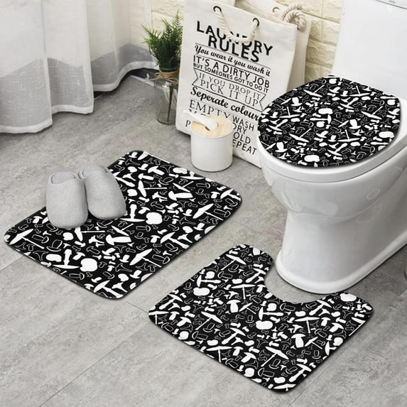 White Mushroom Silhouette Black Pattern Bathroom Rugs Sets 3 Piece,Toilet Cover Set,Absorbent Non Slip Bathroom Mats Sets with U-Shaped Contour Rug Toilet Rug Set
